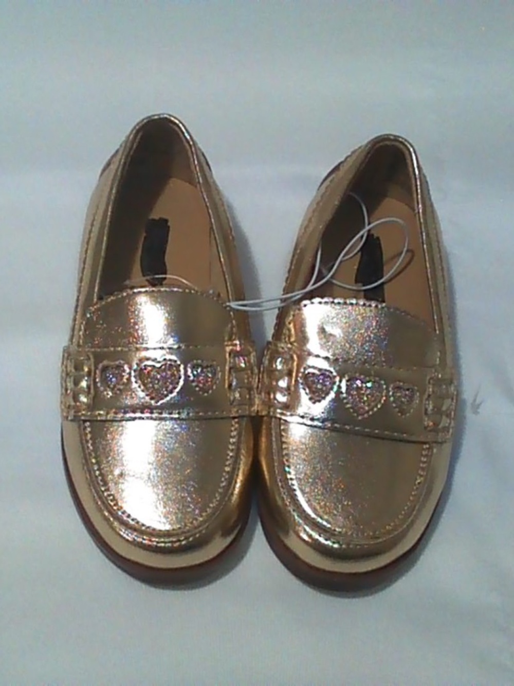 Girls Metallic Gold Loafers Slip On Dress Shoes Glitter Hearts Size 9 NWOT